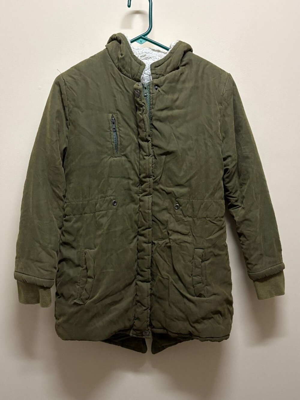 Women Small Olive Green Puffy Fishtail Parka Jacket Zipper Snaps